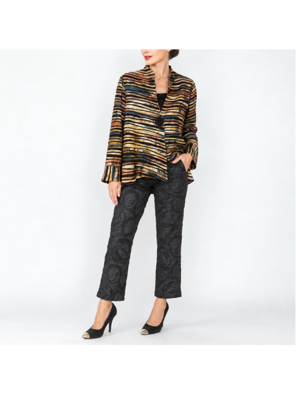 IC By Connie K Abstract Stripe Swing Jacket Statement Artsy Style Lagenlook 1X